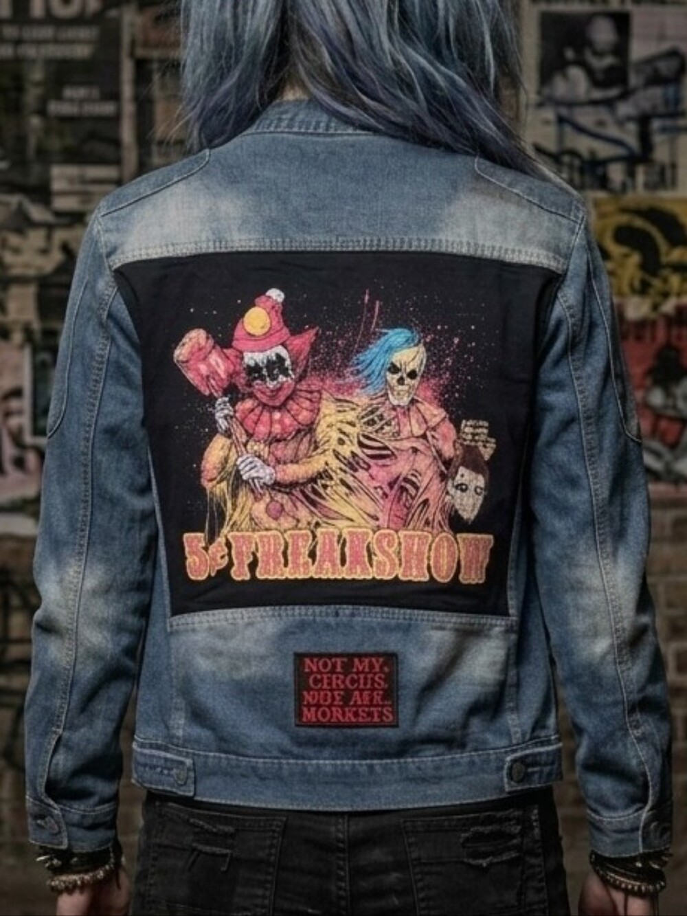 OOAK 5cent Freakshow Custom Denim Jean Jacket Grunge Goth Indie Streetwear SzXL